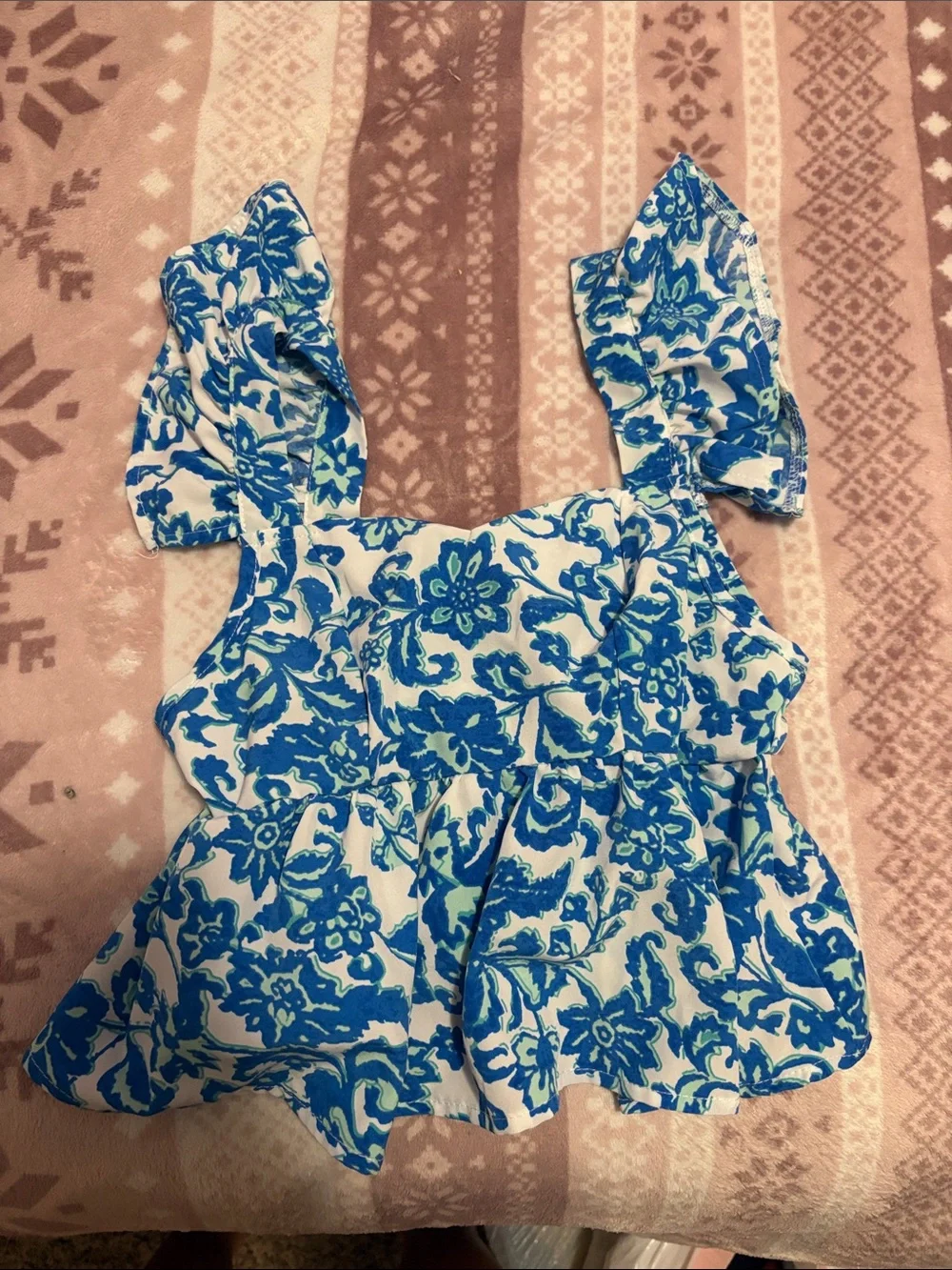 SHEIN Blue & White Floral Off-Shoulder Crop Top